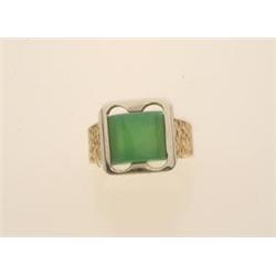 vintage gold and chrysoprase ring In 14K yellow and white gold, a flat bark textured yellow gold...