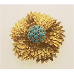 vintage gold and turquoise brooch The brooch is designed as five petals with a textured feather...