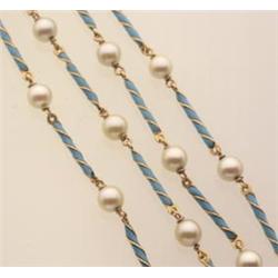 gold, Cultured red pearl and turquoise enamel necklace The design of turquoise enamelled twisted...