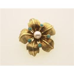 vintage gold, pearl and turquoise flower brooch In 14K yellow gold, the brooch is designed as tex...