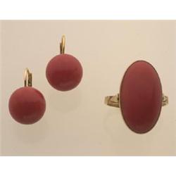 coral and gold ring and earrings The ring is a simple bezel setting for a 20.2 x 11.1 x 4.8 mm. o...