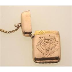 watch chain and vesta case, signed Asprey, in gold The case in 9K rose gold is hallmarked Birming...