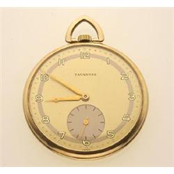tavannes pocketwatch The round gold open faced case is inscribed EAC, 1946. The matte gold dial h...