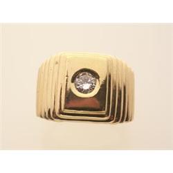 gentleman's diamond and gold ring The 14K yellow gold step design ring features a gypsy mounted r...