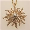 Image 1 : vintage gold, seed pearl and diamond brooch/pendant and chain In 14K yellow gold, the traditional...