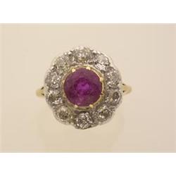 antique ruby and diamond cluster ring In silver topped 18K yellow gold, a traditional cluster fea...