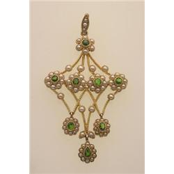 vintage demantoid garnet, pearl and gold pendant In 18K yellow gold, an openwork lattice design w...