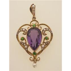 vintage amethyst, demantoid garnet, seed pearl and gold pendant In 15K yellow gold, suspended fro...