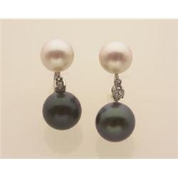 vintge black and white pearl and diamond earrings In 14K white gold, for non pierced ears; the ea...