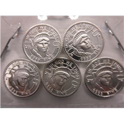 5 x Silver American Statue of Liberty rounds