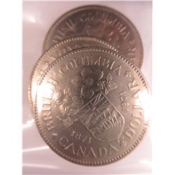 Three old 1971 B.C. One Dollar Canadian coins