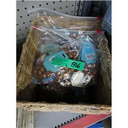 Wicker containing  bags of new wood bead bracelets