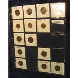 1501. (14) U.S. Lincoln Cents in a plastic page dating 1913 to 1917. All in 2" x 2" holders.