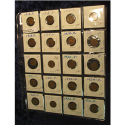 1502. (20) U.S. Lincoln Cents in a plastic page dating 1918 to 1926. All in 2" x 2" holders.