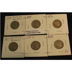 1505. (6) Buffalo Nickels in 2" x 2" holders, dating 1924-36.