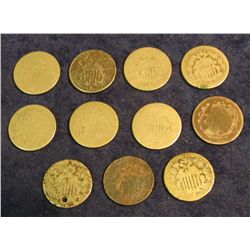 1533. (10) Shield Nickels & (1) Liberty Nickel. All Well worn, one holed.