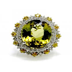 Natural Green Tourmaline 12.47ct w/ Diamond 14kt White Gold Ring