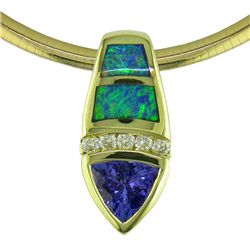 14K Gold Tanzanite and Australian Opal Pendant with Diamonds