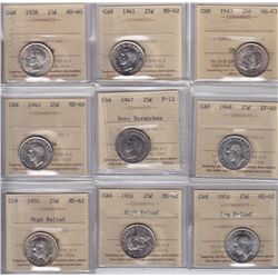 Lot of Nine ICCS Graded Twenty Five Cents