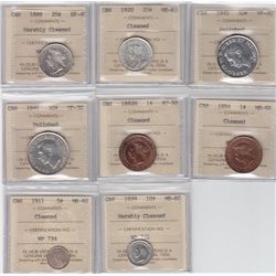 Lot of Eight Cleaned/Polished ICCS Graded Coins