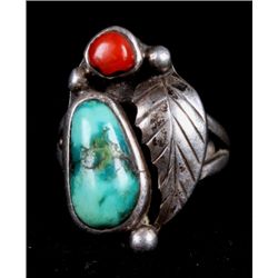 Sterling Silver Turquoise  Red Coral Navajo Ring T