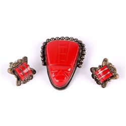 Sterling Coral Brooch and Earrings