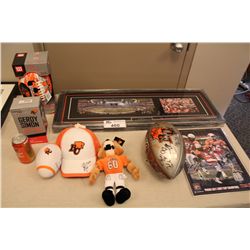 LARGE LOT OF BC LIONS MEMORABILIA INCL. TEAM SIGNED BALL, GEROY SIMON BOBBLE HEAD, FRAMED PHOTO,