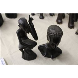 HAND CARVED EBONY "OLD MAN ON STUMP" 9" TALL AND FEMALE BUST 7 1/2" TALL