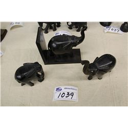 3 HAND CARVED EBONY ELEPHANTS- ONE BOOK END (7" TALL) PLUS 2 ELEPHANTS, ONE TRUNK UP AND ONE TRUNK