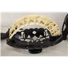 Image 1 : HAND CARVED EBONY FRUIT BASKET FEAT. HIPPOPOTAMUS TOOTH CARVED HANDLE OF 3 ELEPHANTS, 1 LION AND A