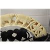 Image 2 : HAND CARVED EBONY FRUIT BASKET FEAT. HIPPOPOTAMUS TOOTH CARVED HANDLE OF 3 ELEPHANTS, 1 LION AND A