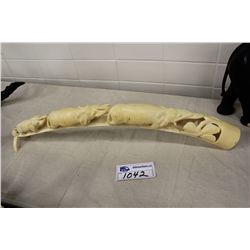 HAND CARVED IVORY ELEPHANT TUSK. RELIEF CARVED DESIGN DEPICTING 3 ELEPHANTS GRADUATING IN SIZE