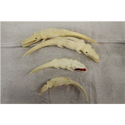 LOT OF 4 HAND CARVED HIPPOPOTAMUS TOOTH ALLIGATORS IN GRADUATED SIZE 7" TO 4" WIDE