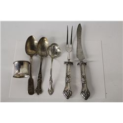 STERLING SILVER SPOONS, CARVING KNIFE AND SMALL LADLE WEIGHS 122 GRAMS (WITHOUT CARVING SET)