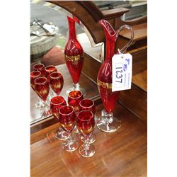 CRANBERRY BOHEMIAN GLASS PITCHER, WITH GOLD ACCENT AND 5 GLASSES