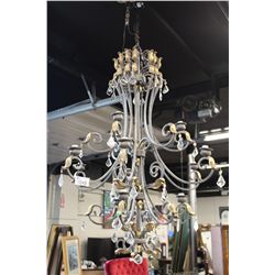 LARGE WROUGHT IRON CHANDELIER WITH DROP CRYSTALS 5' HIGH X 40  WIDE