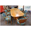 Image 1 : VINTAGE OAK DINNING TABLE WITH 6 ARMED, GREEN LEATHER CHAIRS 90" LONG WITH LEAF (60" WITHOUT) 36"