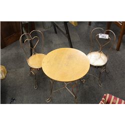 CHILDRENS ANTIQUE OAK AND METAL WIRE TABLE AND CHAIRS