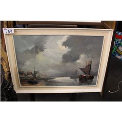 OIL ON CANVAS DEPICTING BOATS IN A HARBOUR 24" X 35" SIGNED LOWER RIGHT "WILL NORDEN"