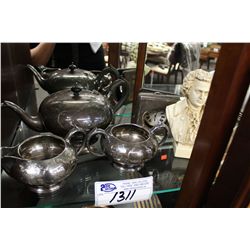 STERLING SILVER ARGENTAN POCKET WATCH HOLDER AND SILVER PLATE TEA SET, 3 PIECE