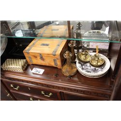 SHELF LOT FEATURING 3 JEWELLERY BOXES, CANDLE HOLDERS AND MORE