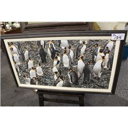 ORIGINAL OIL ON BOARD, 'PENGUINS', SIGNED LOWER RIGHT "M.R. ASHTON 1991" 21 1/2" X 41"