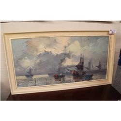 OIL ON CANVAS DEPICTING BOATS AT SEA 48" X 24" SIGNED LOWER RIGHT "WILL NORDEN"