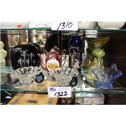 SHELF LOT OF DECORATIVE GLASS AND POTTERY