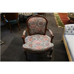 ANTIQUE, FLORAL PRINT FABRIC CHAIR