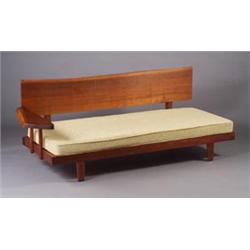 Fine GEORGE NAKASHIMA walnut day bed with free-edge plank back and single free-edge arm, with bei...