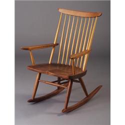 Fine GEORGE NAKASHIMA walnut spindle-back rocker, 1979, with paddle arms and saddle seat. (Yukari...