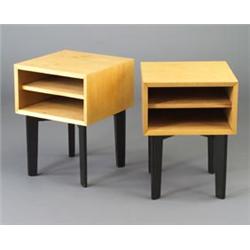 Pair of GEORGE NELSON night stands with open birch cases over ebonized legs. Foil labels. 24 1/2 ...