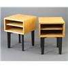 Image 1 : Pair of GEORGE NELSON night stands with open birch cases over ebonized legs. Foil labels. 24 1/2"...