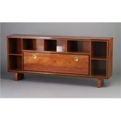 Italian mahogany sideboard attributed of PAULO BUFFO, c. 1950, with drop-front door inlaid with e...